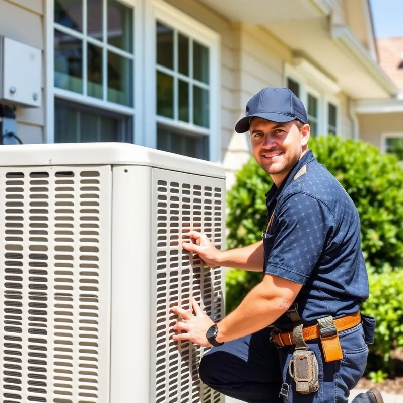 HVAC technician servicing an outdoor air conditioning unit